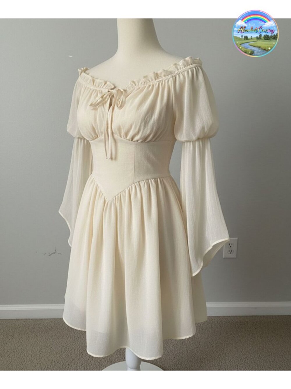 Renaissance Chiffon Dress Off Shoulder Bell Sleeve Corset Waist Pockets